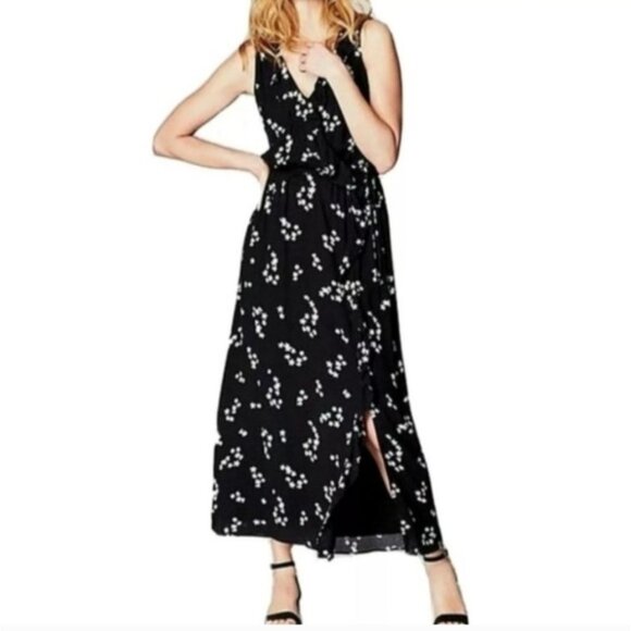 J.Jill Dresses & Skirts - J.Jill Womens XL Petite Black Sleeveless Faux Wrap Maxi Dress Star Floral Ruffle